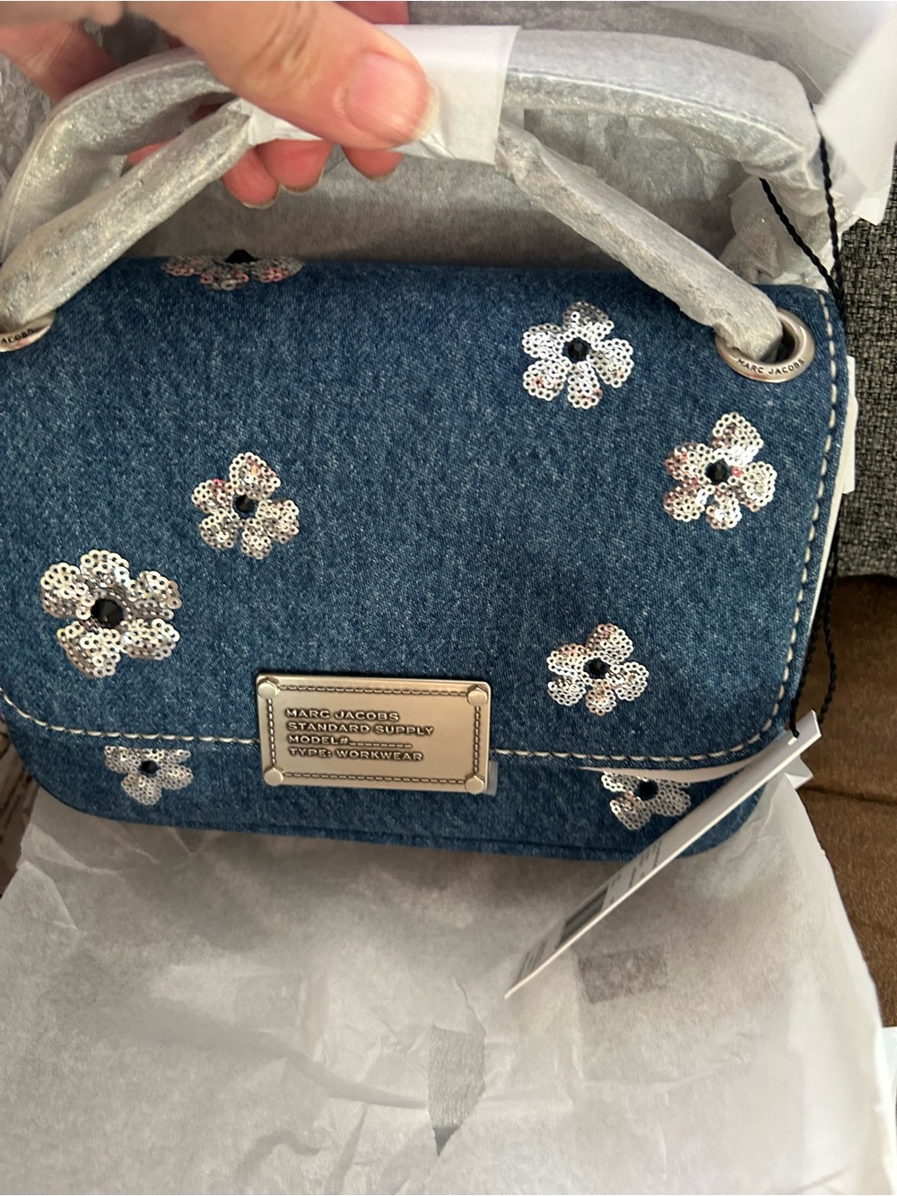 NWT MARC JACOBS denim shoulder bag with silver sequins flowers!!